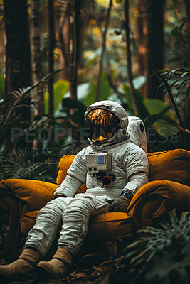 Buy stock photo Planet, travel and astronaut in forest on sofa to explore abandoned world, planet and universe. Space suit, futuristic fantasy and spaceman in alien environment for exploration, adventure and journey