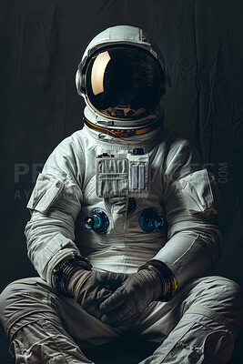 Buy stock photo Space, travel and portrait of astronaut with helmet, future discovery and dark sci fi universe. Earth, aerospace mission and person in suit for adventure, research or science innovation with courage.