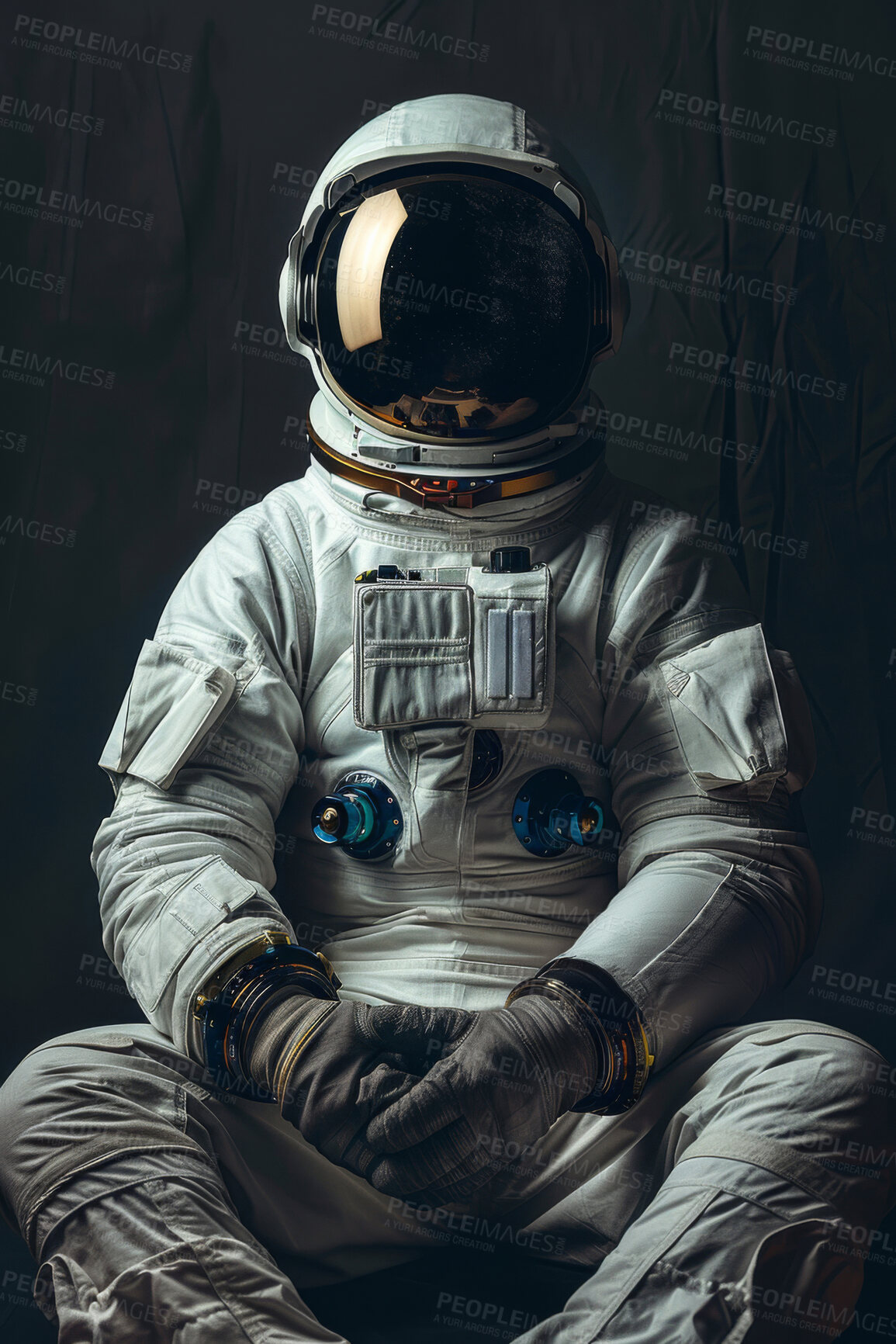 Buy stock photo Space, travel and portrait of astronaut with helmet, future discovery and dark sci fi universe. Earth, aerospace mission and person in suit for adventure, research or science innovation with courage.