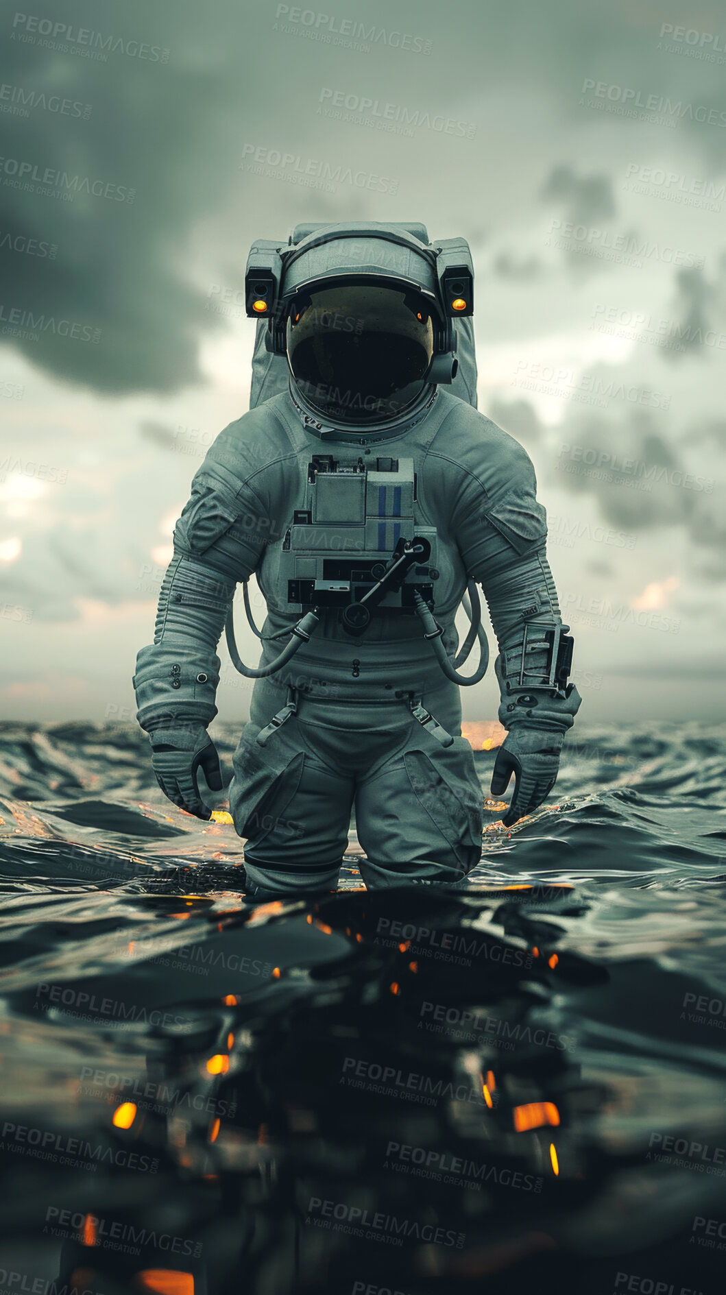 Buy stock photo Astronaut, helmet and water with walking for travel to planet, mission for science research and journey to explore moon. Person, spacesuit and protection for adventure in lake with safety and gravity