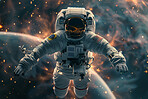 Galaxy, planet and universe with astronaut in space for discovery, exploration of solar system or mission. Cosmos, stars or sky with spaceman in helmet and suit for research, science or travel