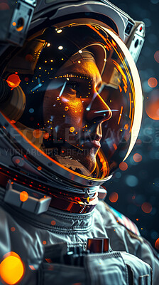 Buy stock photo Space, travel and face of futuristic astronaut with helmet, neon lights and dark sci fi universe. Galaxy, aerospace mission and person in suit for adventure, research or science thinking with bokeh