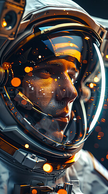 Buy stock photo Space, man and futuristic astronaut with helmet, neon lights and dark sci fi universe with bokeh dots. Galaxy, aerospace mission and person in suit for travel adventure, research or science thinking