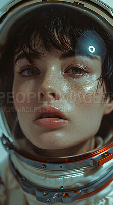 Buy stock photo Astronaut, portrait and asian woman in space suit for mission, galaxy exploration or cosmos research. Nebula, face and taikonaut person with helmet for aerospace, planet discovery or universe