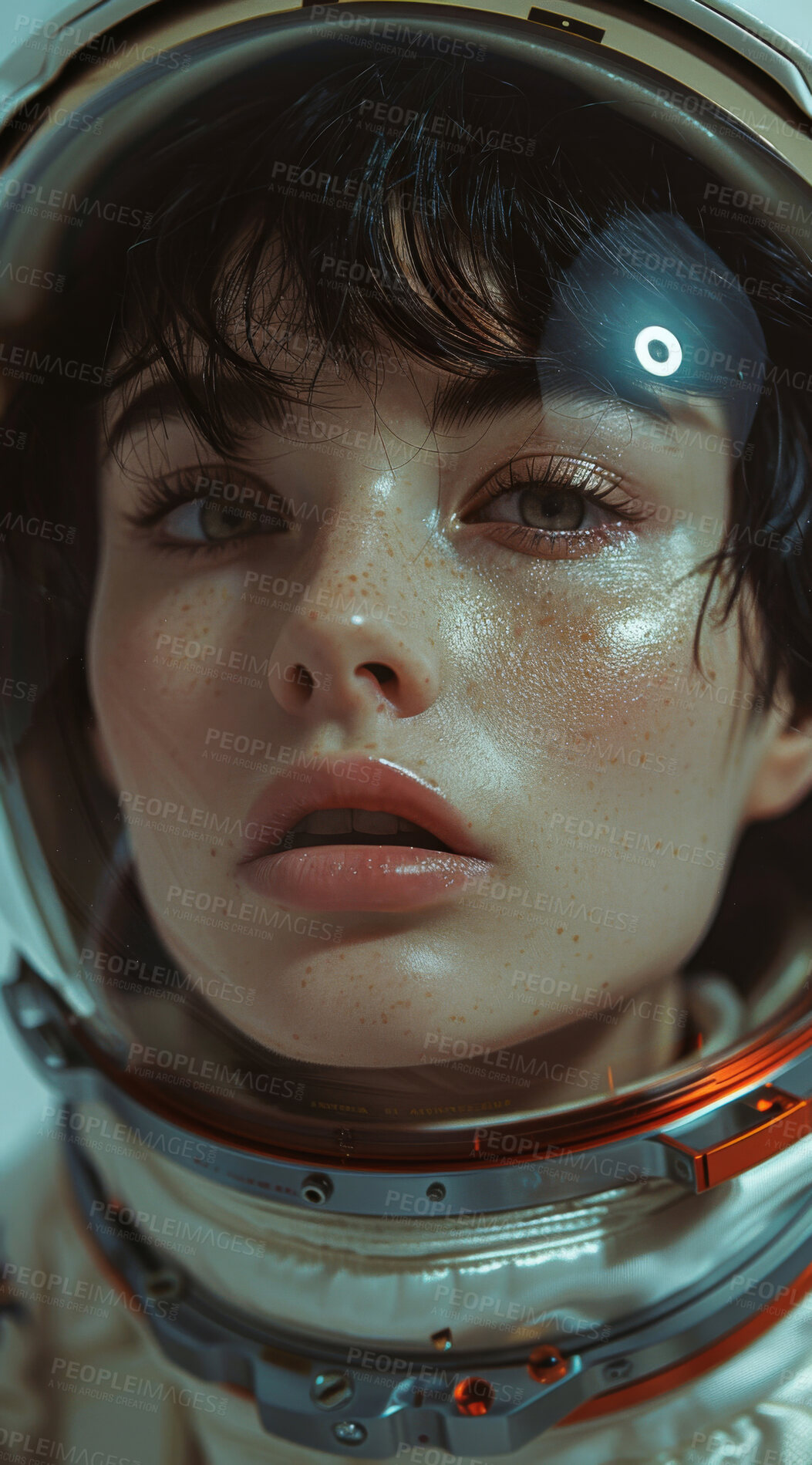 Buy stock photo Astronaut, portrait and asian woman in space suit for mission, galaxy exploration or cosmos research. Nebula, face and taikonaut person with helmet for aerospace, planet discovery or universe