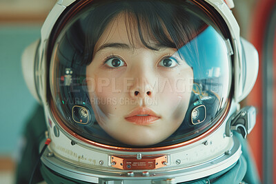 Buy stock photo Astronaut, portrait and asian woman in space with helmet for mission, galaxy exploration or cosmos research. Nebula, scifi and taikonaut in spacesuit for aerospace, planet discovery or universe