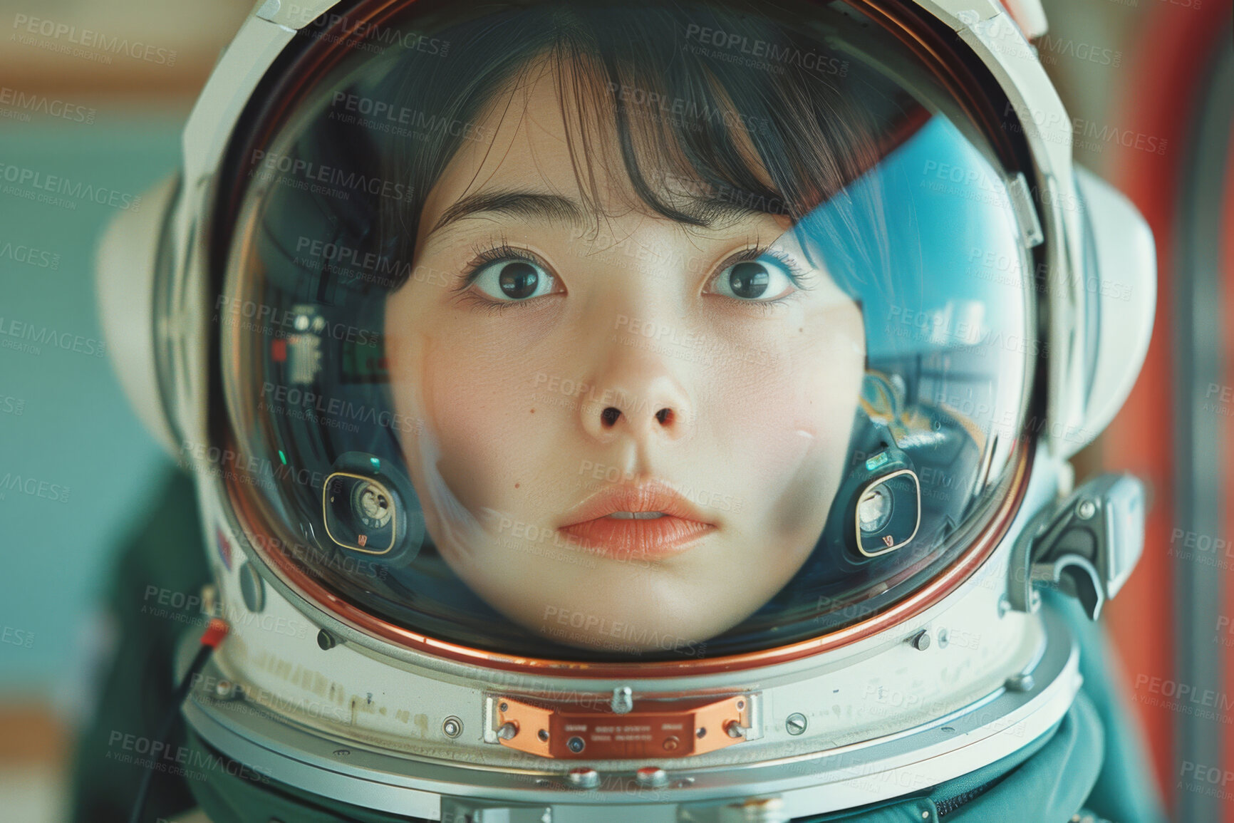 Buy stock photo Astronaut, portrait and asian woman in space with helmet for mission, galaxy exploration or cosmos research. Nebula, scifi and taikonaut in spacesuit for aerospace, planet discovery or universe