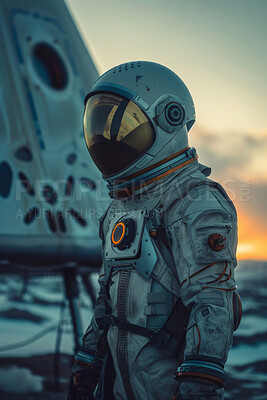 Buy stock photo Spaceship, travel and astronaut walking on planet with helmet, future discovery and sunset in sci fi universe. Space, aerospace mission and person in suit for adventure, research and science on Mars