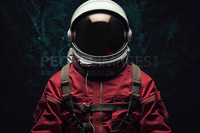 Buy stock photo Helmet, mission and suit with astronaut in space for exploration, future or science research. Galaxy, travel and universe with cosmonaut person in atmosphere spacesuit for discovery of the expanse