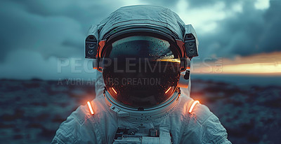 Buy stock photo Helmet, planet and suit with astronaut in space for exploration, future or science research. Galaxy, mission and universe travel with person in atmosphere spacesuit for discovery of the expanse