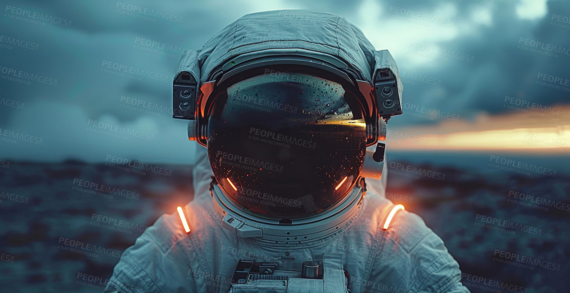 Buy stock photo Helmet, planet and suit with astronaut in space for exploration, future or science research. Galaxy, mission and universe travel with person in atmosphere spacesuit for discovery of the expanse