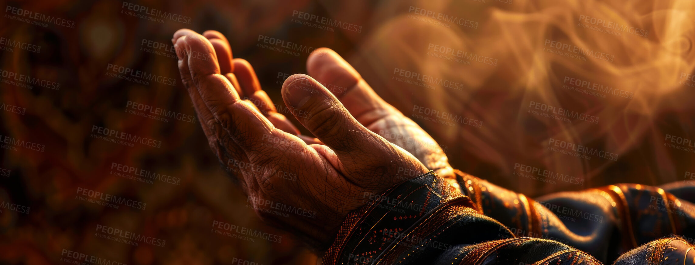 Buy stock photo Hands, open and spiritual in prayer for Islam or healing, banner with smoke for repent. Palm, faith and calm with gratitude for Allah or hope, forgiveness and loyalty, person with peace and trust