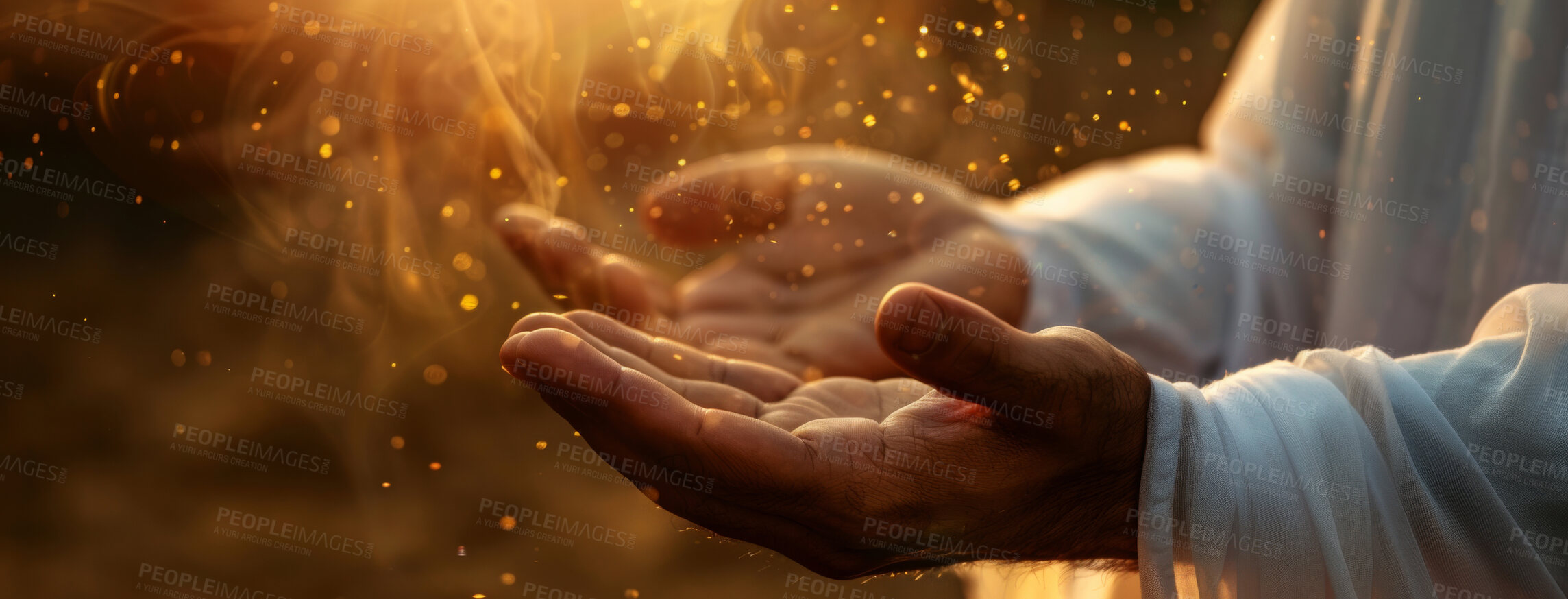 Buy stock photo Hands, open and spiritual in faith for Islam or healing, banner with bokeh for heaven. Palms, praying and calm person on banner with space for Allah, hope or connection to God through mindfulness