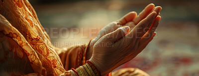 Buy stock photo Worship, prayer and hands of Muslim person closeup for faith or religion in Allah as holy tradition. Belief, culture and trust with Islamic follower praying at mosque for hope, peace or support