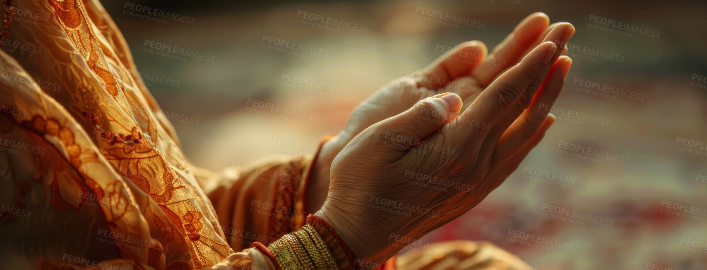 Buy stock photo Worship, prayer and hands of Muslim person closeup for faith or religion in Allah as holy tradition. Belief, culture and trust with Islamic follower praying at mosque for hope, peace or support