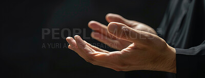 Buy stock photo Belief, prayer and hands of Islamic person closeup for faith or religion in Allah as holy worship. Culture, tradition and trust with Muslim follower praying at mosque for hope, peace or support