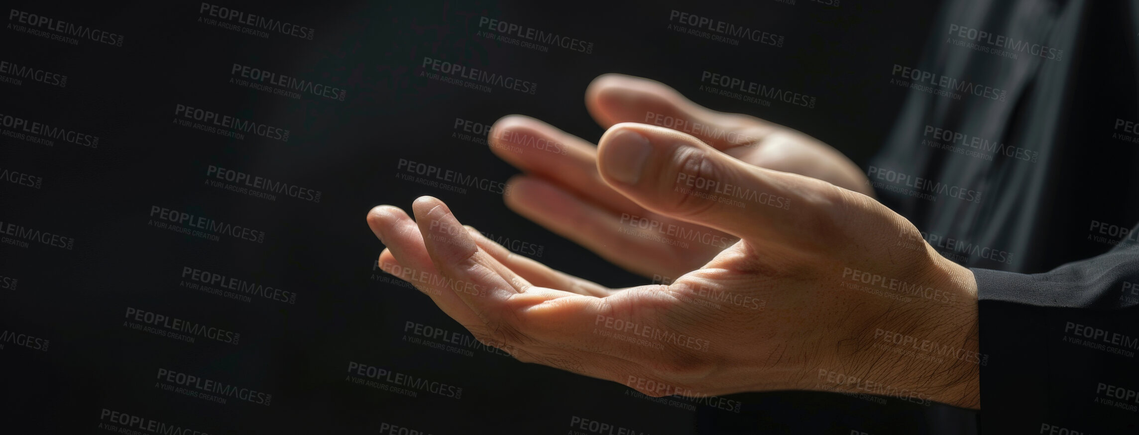 Buy stock photo Belief, prayer and hands of Islamic person closeup for faith or religion in Allah as holy worship. Culture, tradition and trust with Muslim follower praying at mosque for hope, peace or support