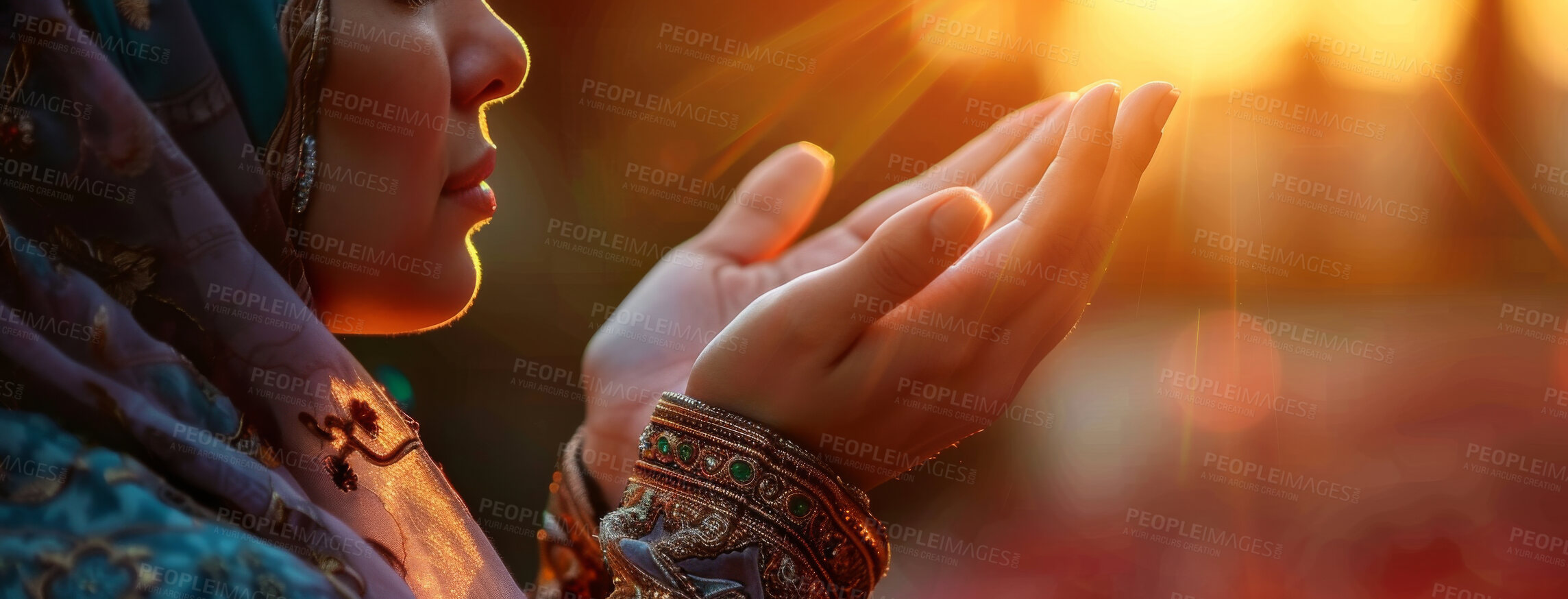 Buy stock photo Hands, praying and muslim woman for faith devotion, mindfulness or gratitude during Hajj season. Trust, Islamic and Arab person with dua for support, spiritual belief and worship to Allah in Makkah