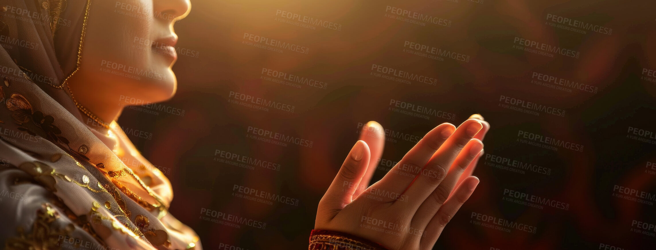 Buy stock photo Hands, prayer and muslim woman for faith devotion, mindfulness or gratitude during Hajj season. Trust, Islamic and Arab person with dua for support, spiritual belief and worship to Allah in Makkah