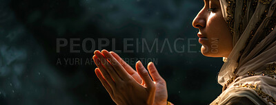 Buy stock photo Hands, praying and moslem woman for faith devotion, mindfulness or gratitude during Hajj season. Trust, Islamic and Arab person with dua for support, spiritual belief and worship to Allah in Makkah