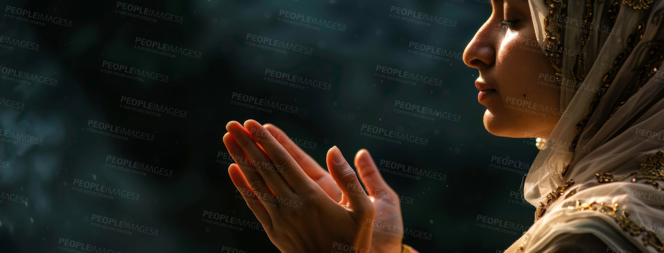 Buy stock photo Hands, praying and moslem woman for faith devotion, mindfulness or gratitude during Hajj season. Trust, Islamic and Arab person with dua for support, spiritual belief and worship to Allah in Makkah