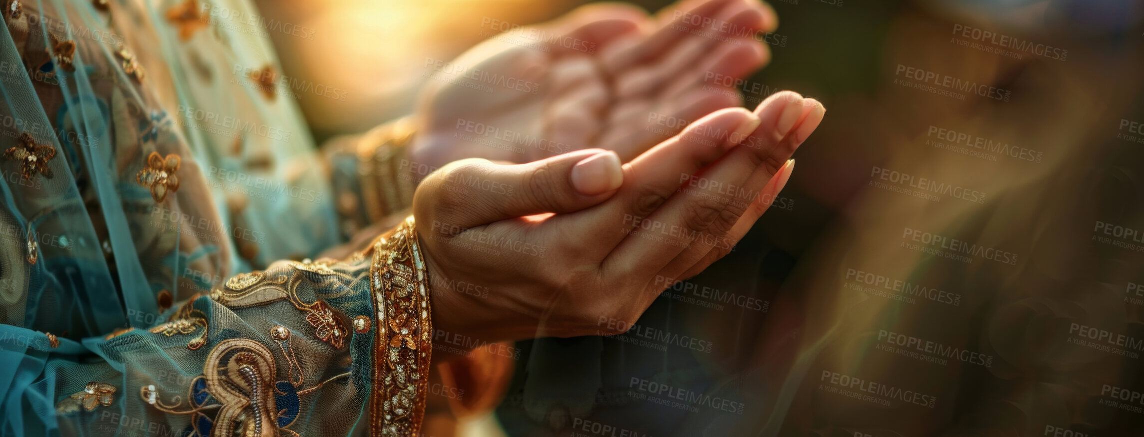 Buy stock photo Belief, praying and hands of Islamic person closeup for faith or religion in Allah as holy worship. Culture, tradition and trust with Muslim follower in prayer at mosque for hope, peace or support