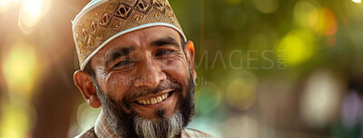 Buy stock photo Face, smile and mature muslim man with prayer cap for worship and belief to God and Allah outdoor in nature. Happy, senior and male person in banner for praise at Eid and islamic spiritual freedom