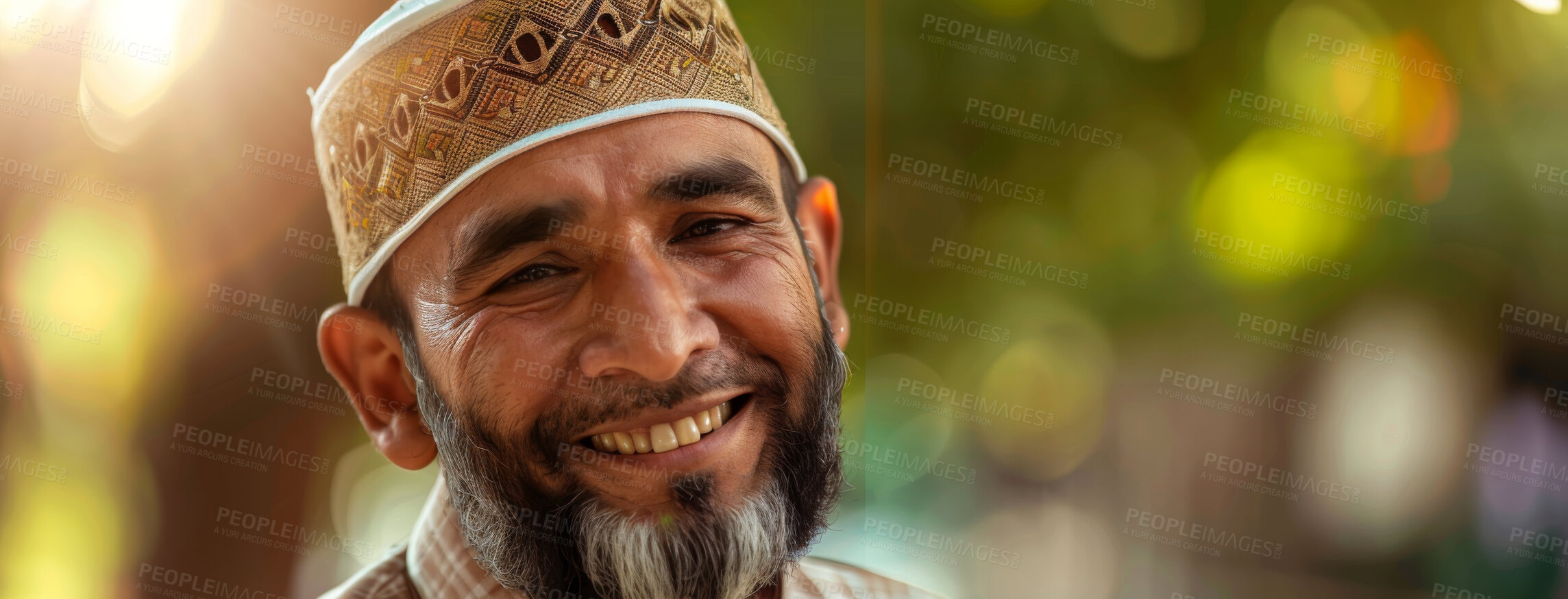 Buy stock photo Face, smile and mature muslim man with prayer cap for worship and belief to God and Allah outdoor in nature. Happy, senior and male person in banner for praise at Eid and islamic spiritual freedom