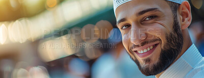 Buy stock photo Portrait, smile and moslem man in outdoor for happiness, appreciation or spiritual travel to Madinah. Banner, culture and Islamic person with prayer hat for religion, faith or Arabic belief by bokeh