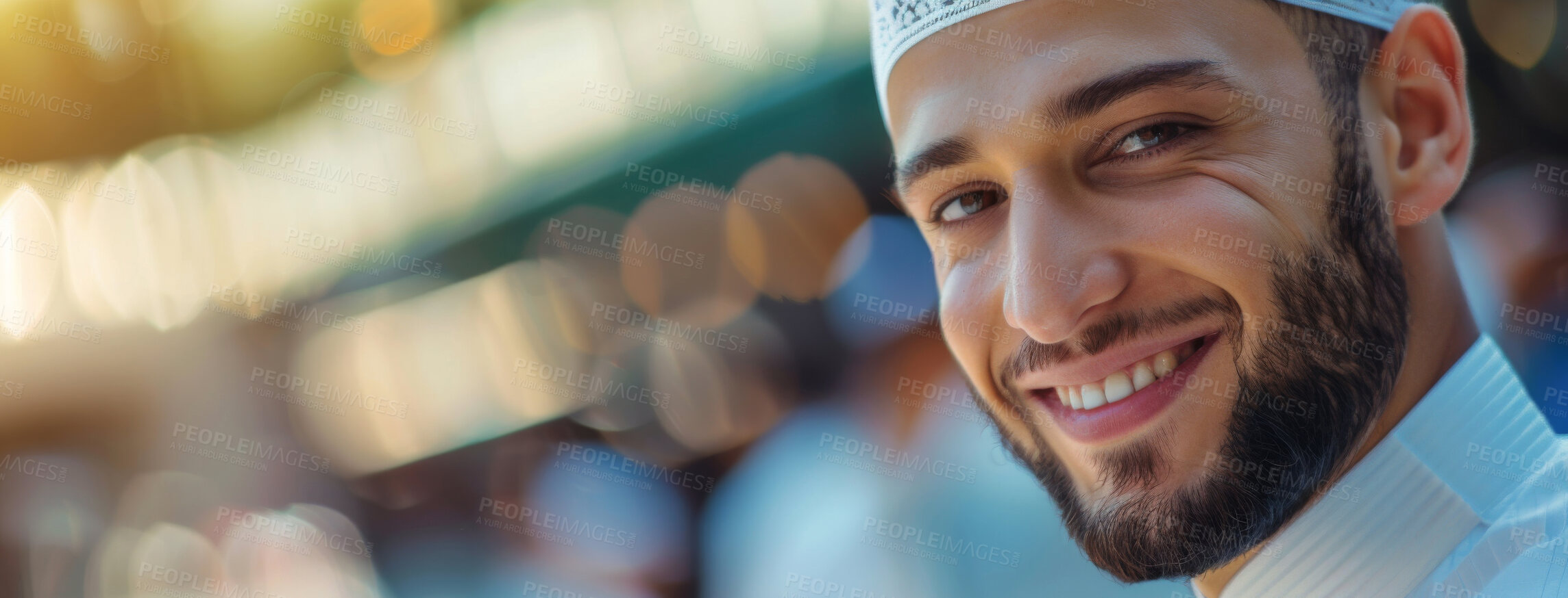 Buy stock photo Portrait, smile and moslem man in outdoor for happiness, appreciation or spiritual travel to Madinah. Banner, culture and Islamic person with prayer hat for religion, faith or Arabic belief by bokeh