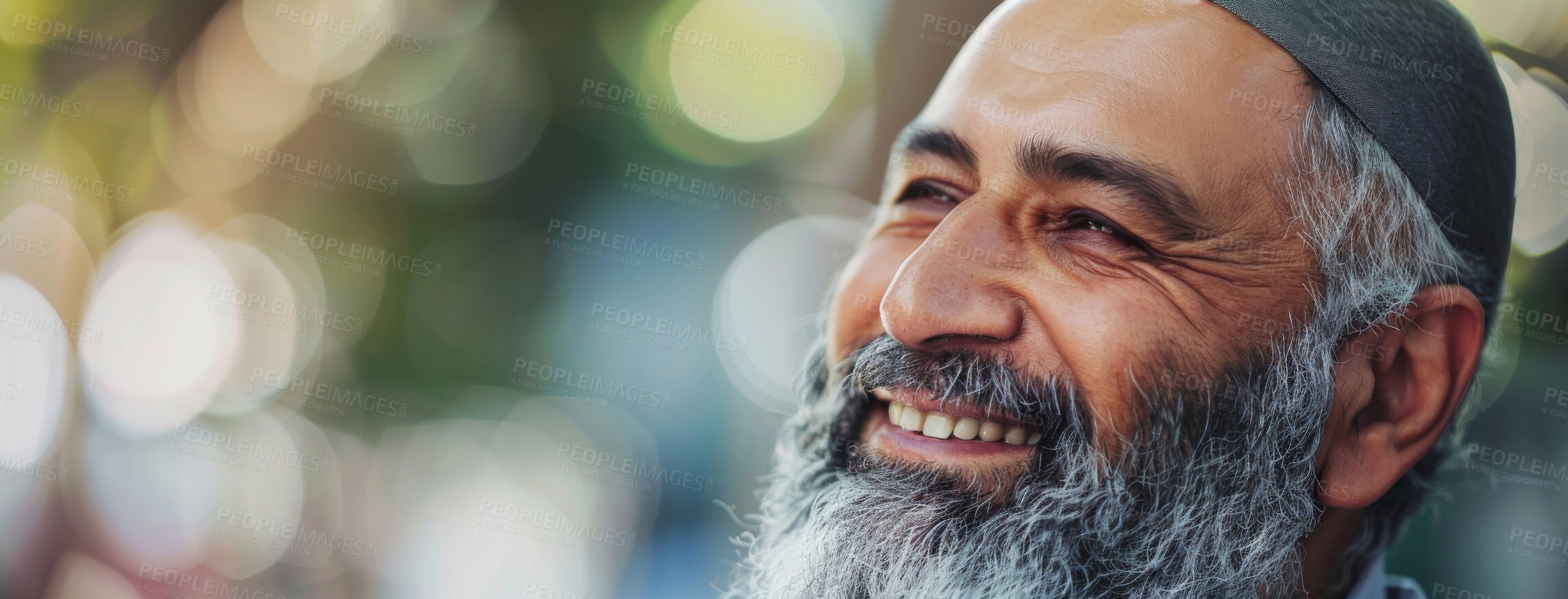 Buy stock photo Face, smile and mature muslim man with prayer cap for worship to God, Allah and faith outdoor in nature. Happy, senior and male person in banner for belief and praise at Eid for islamic tradition