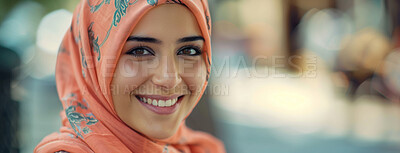 Buy stock photo Portrait, muslim and woman with hijab for good news, appreciation and happiness with pride. Islamic female, blurred background and smile in Dubai town for travel, vacation and weekend holiday