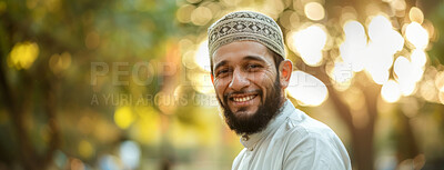 Buy stock photo Portrait, culture and moslem man in outdoor for happiness, appreciation or spiritual travel to Madinah. Banner, smile and Islamic person with prayer hat for religion, faith or arabic belief by bokeh