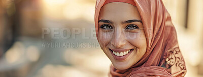 Buy stock photo Portrait, islamic and woman with hijab or smile for travelling, banner and happiness with pride. Muslim female, blurred background and joy in Dubai town for trip, vacation and weekend holiday