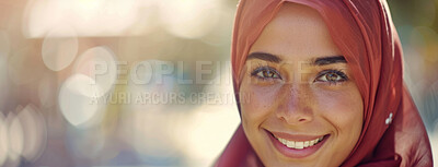 Buy stock photo Portrait, Muslim and woman with hijab or smile for travelling, appreciation and happiness with pride. Islamic female, blurred background and smile in Dubai town for trip, vacation and weekend holiday