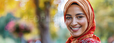 Buy stock photo Nature, smile and portrait of muslim woman with hijab for spiritual hope, travel in Mecca and religion. Happy, banner and islamic female person with headscarf in town for weekend trip in countryside.