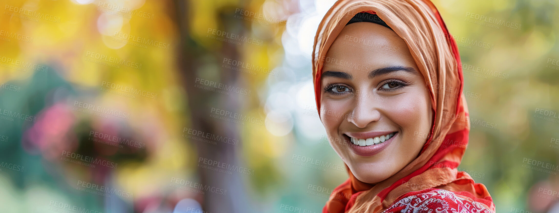 Buy stock photo Nature, smile and portrait of muslim woman with hijab for spiritual hope, travel in Mecca and religion. Happy, banner and islamic female person with headscarf in town for weekend trip in countryside.