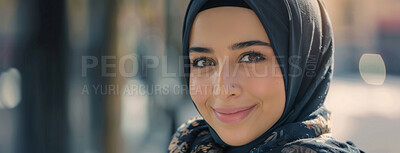 Buy stock photo Travel, smile and portrait of muslim woman with hijab for spiritual hope in Mecca for religion. Happy, headscarf and face of islamic female person in town for weekend trip with blurred background.