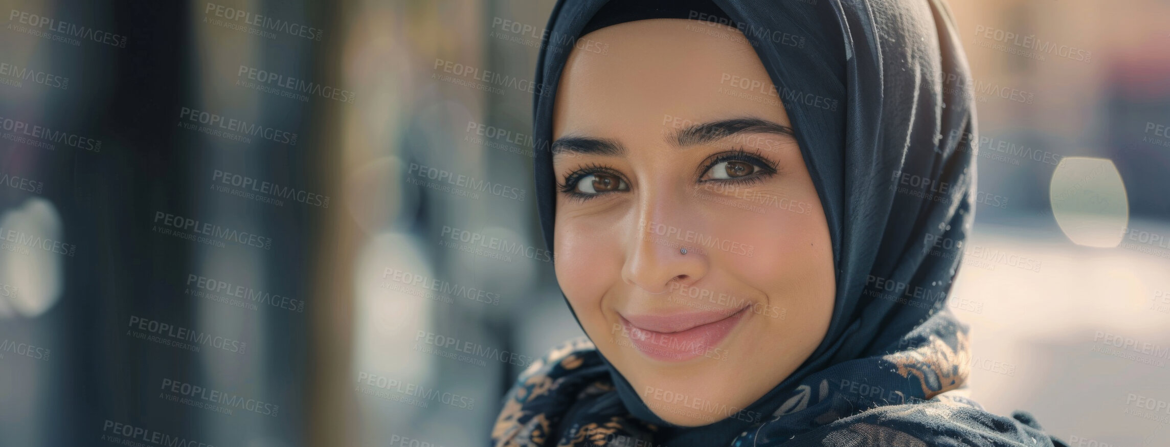 Buy stock photo Travel, smile and portrait of muslim woman with hijab for spiritual hope in Mecca for religion. Happy, headscarf and face of islamic female person in town for weekend trip with blurred background.