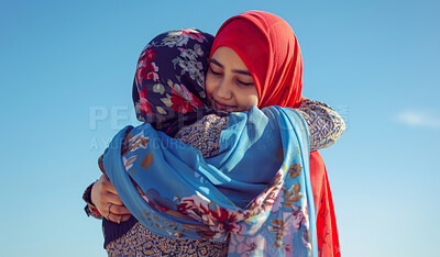 Buy stock photo Muslim, women and hug with love, care and support of Palestine people with solidarity and kindness. Islamic, woman in hijab and embrace outdoor with empathy, hope and peace in international community