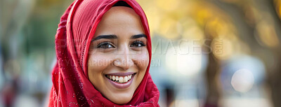 Buy stock photo Portrait, Muslim and woman with hijab outdoor for travelling, adventure and happiness with pride. Islamic, female person and smile in Dubai town for trip, vacation and weekend holiday as banner