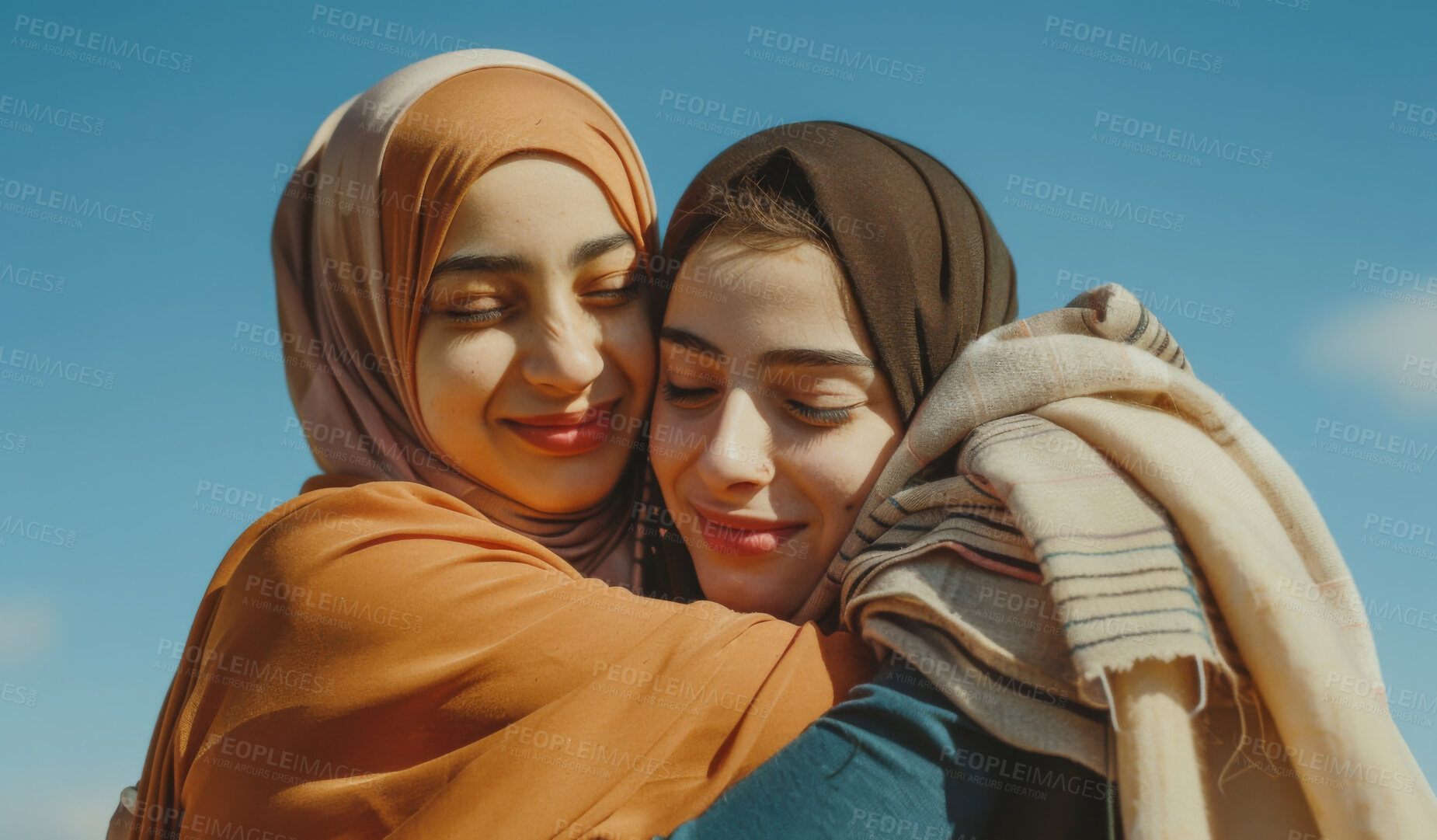 Buy stock photo Outdoor, hijab and muslim women with hug for bonding, appreciation and happy together. Female friends, caring and support with smile for gratitude, embrace and friendship with commitment or trust