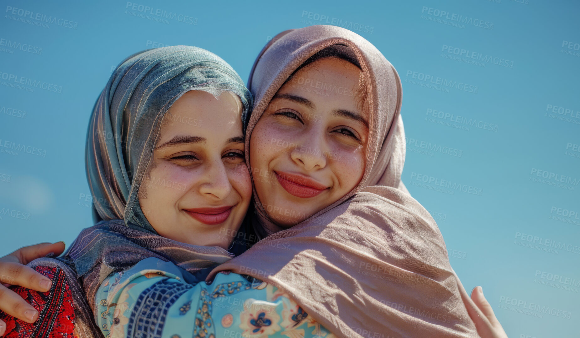 Buy stock photo Outdoor, hijab and muslim friends with hug for bonding, appreciation and happy together. Islamic women, caring and support with smile for gratitude, embrace and sister with commitment or trust