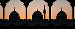 Belief, faith and roof of mosque on dark sky in evening with silhouette of religion or tradition. Architecture, building and islamic temple with art, ornament or moon symbol of holy Muslim culture