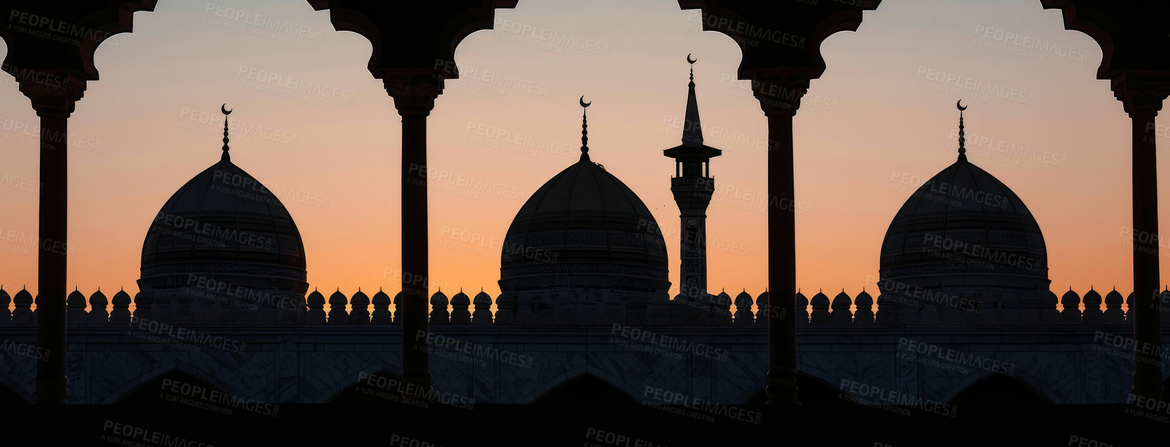 Buy stock photo Belief, faith and roof of mosque on dark sky in evening with silhouette of religion or tradition. Architecture, building and islamic temple with art, ornament or moon symbol of holy Muslim culture