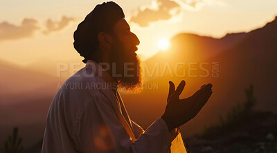 Buy stock photo Sunset, praying and moslem man with dua for faith, mindfulness or gratitude during Hajj. Outdoor, Islamic and Arab person with turban for forgiveness, spiritual belief or worship to Allah in Makkah