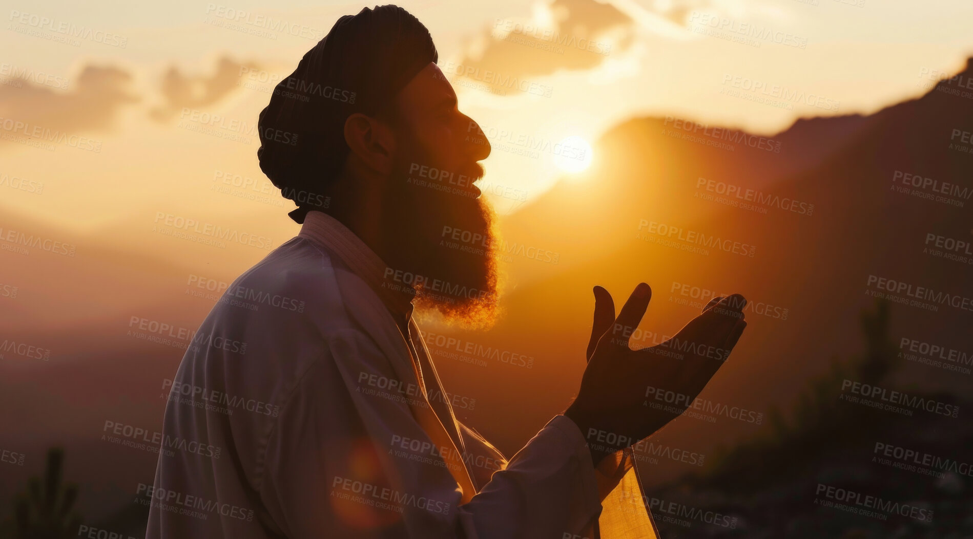 Buy stock photo Sunset, praying and moslem man with dua for faith, mindfulness or gratitude during Hajj. Outdoor, Islamic and Arab person with turban for forgiveness, spiritual belief or worship to Allah in Makkah