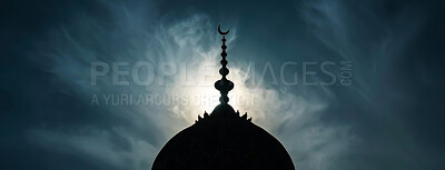 Buy stock photo Belief, faith and roof of mosque on dark sky in evening with space for religion or tradition. Architecture, building and temple at night with art, ornament or moon symbol of holy Muslim culture