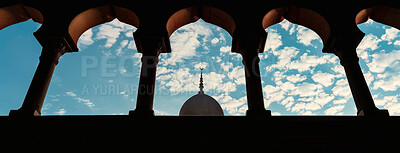 Buy stock photo Belief, faith and roof of mosque on blue sky from below with dome for religion or tradition. Architecture, building and temple tower with art, ornament or symbol of holy Muslim and Islamic culture