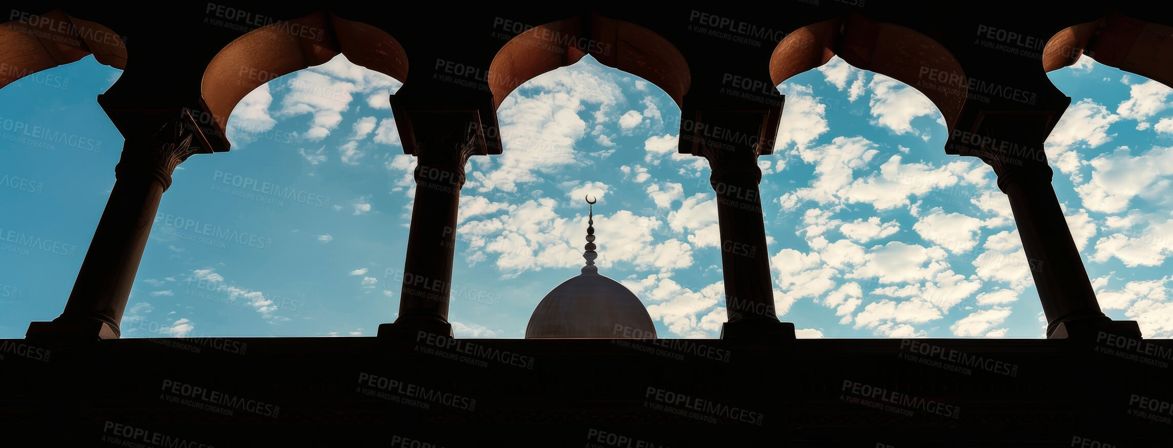 Buy stock photo Belief, faith and roof of mosque on blue sky from below with dome for religion or tradition. Architecture, building and temple tower with art, ornament or symbol of holy Muslim and Islamic culture